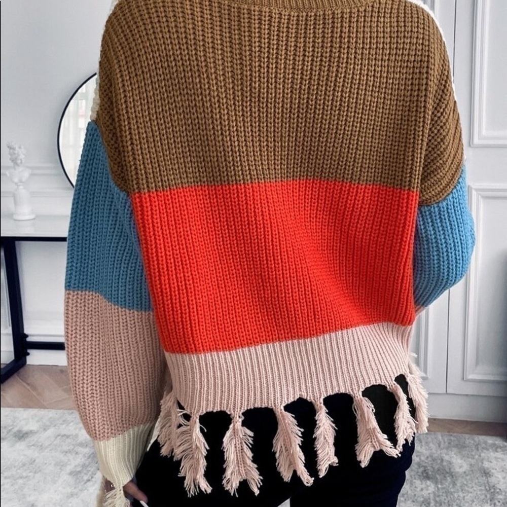 Shein V-Neck Colorblock Blue Orange Drop Shoulder Fringe Hem Sweater Size Medium - Picture 4 of 16